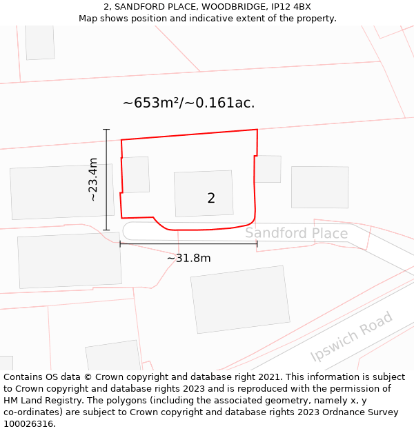 2, SANDFORD PLACE, WOODBRIDGE, IP12 4BX: Plot and title map