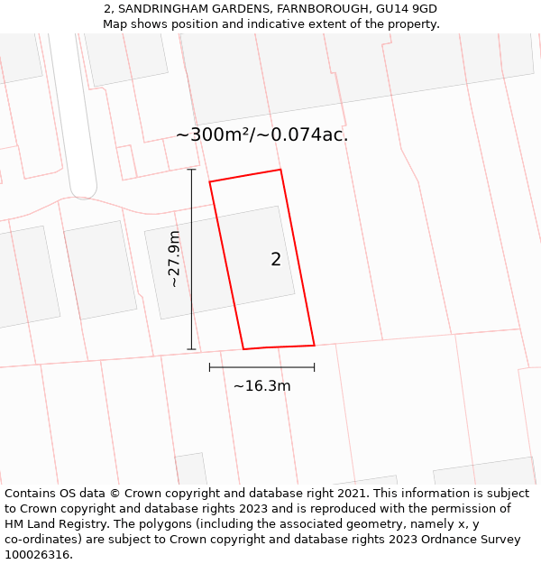 2, SANDRINGHAM GARDENS, FARNBOROUGH, GU14 9GD: Plot and title map