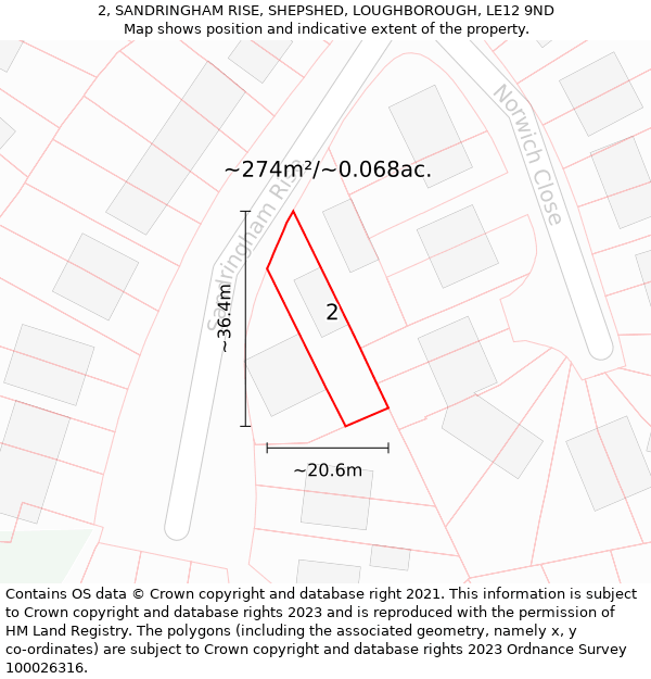 2, SANDRINGHAM RISE, SHEPSHED, LOUGHBOROUGH, LE12 9ND: Plot and title map