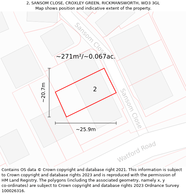 2, SANSOM CLOSE, CROXLEY GREEN, RICKMANSWORTH, WD3 3GL: Plot and title map