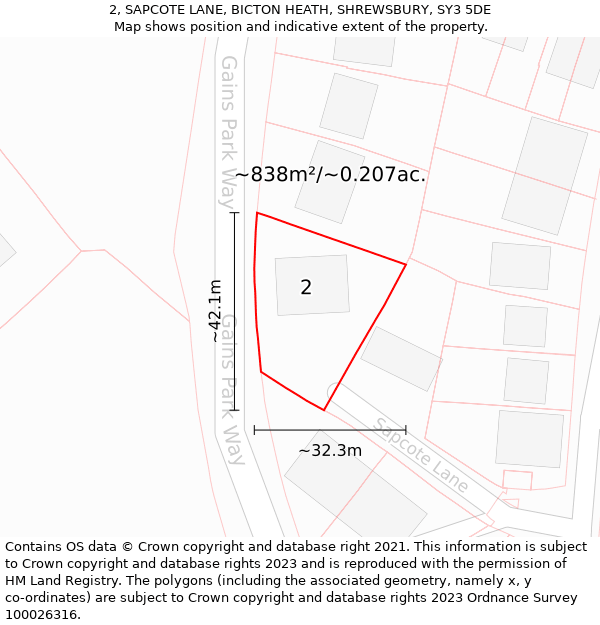 2, SAPCOTE LANE, BICTON HEATH, SHREWSBURY, SY3 5DE: Plot and title map