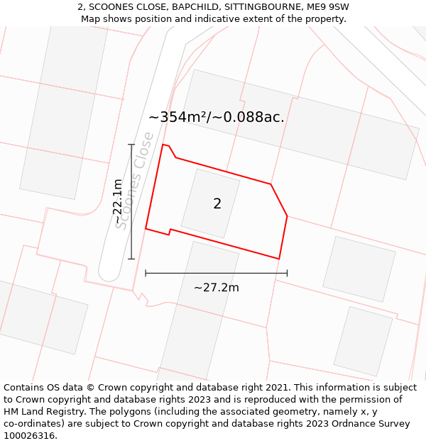2, SCOONES CLOSE, BAPCHILD, SITTINGBOURNE, ME9 9SW: Plot and title map