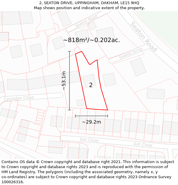 2, SEATON DRIVE, UPPINGHAM, OAKHAM, LE15 9HQ: Plot and title map