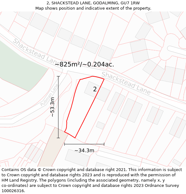 2, SHACKSTEAD LANE, GODALMING, GU7 1RW: Plot and title map