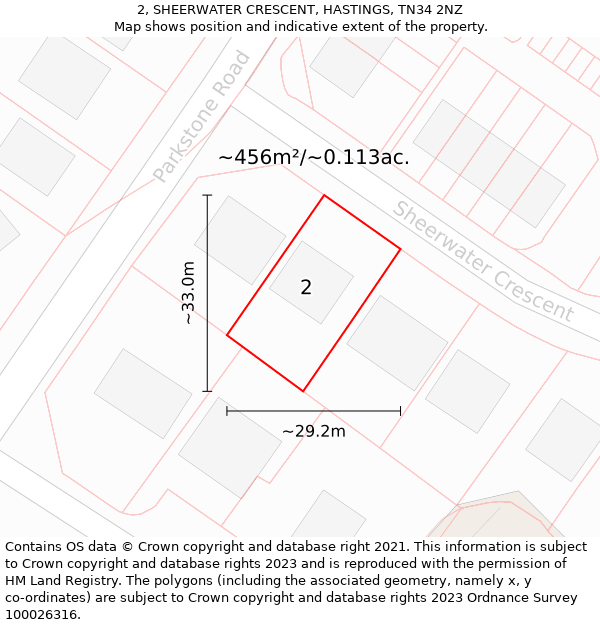 2, SHEERWATER CRESCENT, HASTINGS, TN34 2NZ: Plot and title map