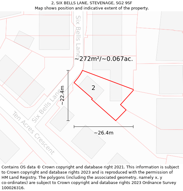 2, SIX BELLS LANE, STEVENAGE, SG2 9SF: Plot and title map