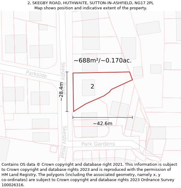 2, SKEGBY ROAD, HUTHWAITE, SUTTON-IN-ASHFIELD, NG17 2PL: Plot and title map