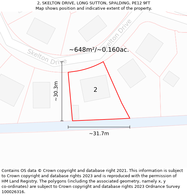 2, SKELTON DRIVE, LONG SUTTON, SPALDING, PE12 9FT: Plot and title map