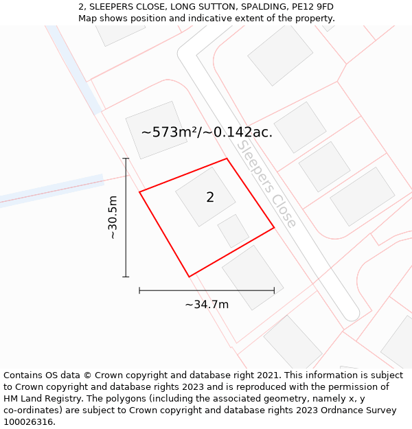2, SLEEPERS CLOSE, LONG SUTTON, SPALDING, PE12 9FD: Plot and title map
