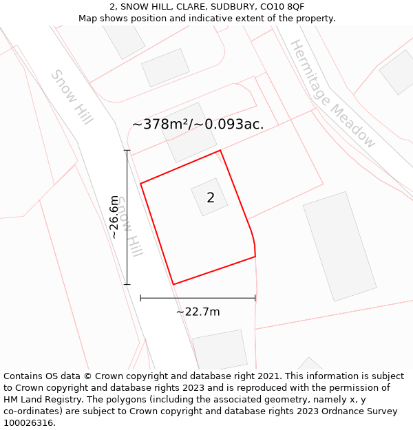 2, SNOW HILL, CLARE, SUDBURY, CO10 8QF: Plot and title map