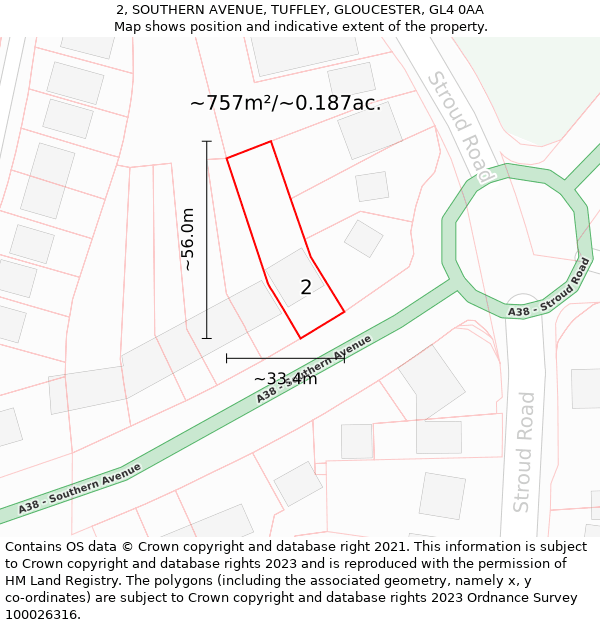 2, SOUTHERN AVENUE, TUFFLEY, GLOUCESTER, GL4 0AA: Plot and title map