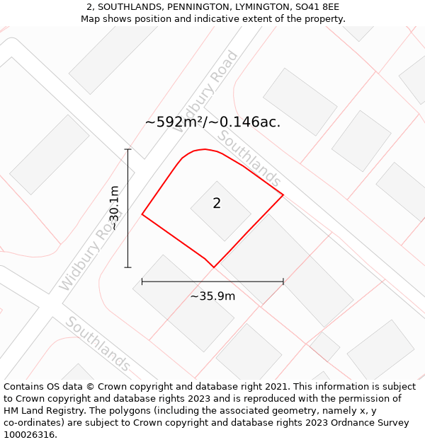 2, SOUTHLANDS, PENNINGTON, LYMINGTON, SO41 8EE: Plot and title map