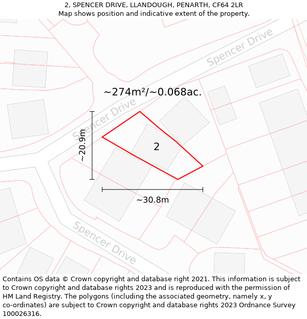 2, SPENCER DRIVE, LLANDOUGH, PENARTH, CF64 2LR: Plot and title map