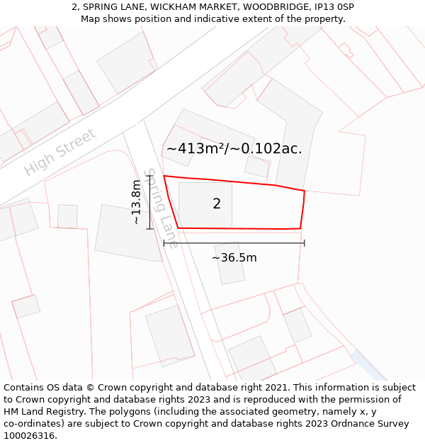 2, SPRING LANE, WICKHAM MARKET, WOODBRIDGE, IP13 0SP: Plot and title map