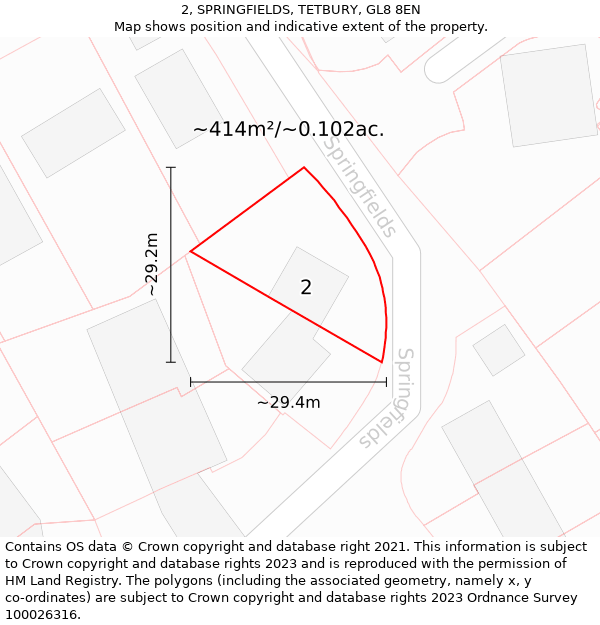 2, SPRINGFIELDS, TETBURY, GL8 8EN: Plot and title map