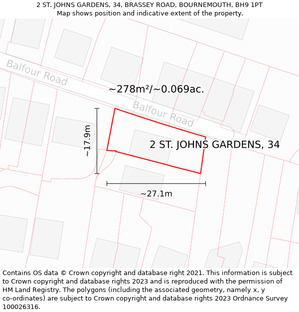 2 ST. JOHNS GARDENS, 34, BRASSEY ROAD, BOURNEMOUTH, BH9 1PT: Plot and title map