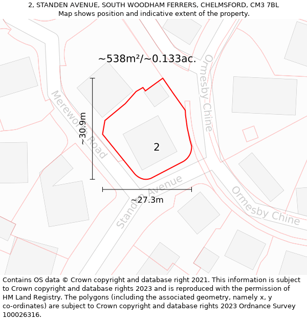 2, STANDEN AVENUE, SOUTH WOODHAM FERRERS, CHELMSFORD, CM3 7BL: Plot and title map