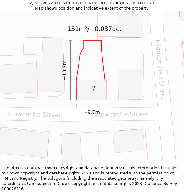 2, STOWCASTLE STREET, POUNDBURY, DORCHESTER, DT1 3GF: Plot and title map