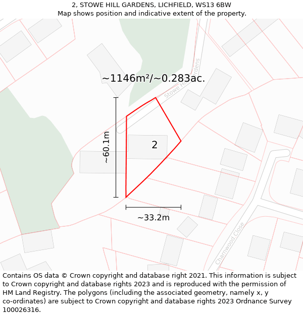 2, STOWE HILL GARDENS, LICHFIELD, WS13 6BW: Plot and title map