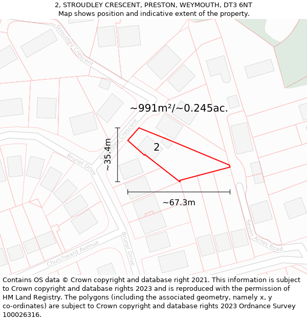 2, STROUDLEY CRESCENT, PRESTON, WEYMOUTH, DT3 6NT: Plot and title map