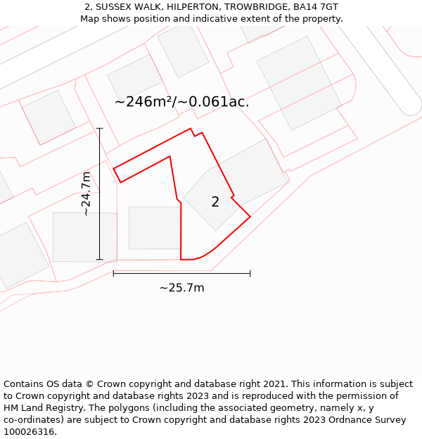 2, SUSSEX WALK, HILPERTON, TROWBRIDGE, BA14 7GT: Plot and title map