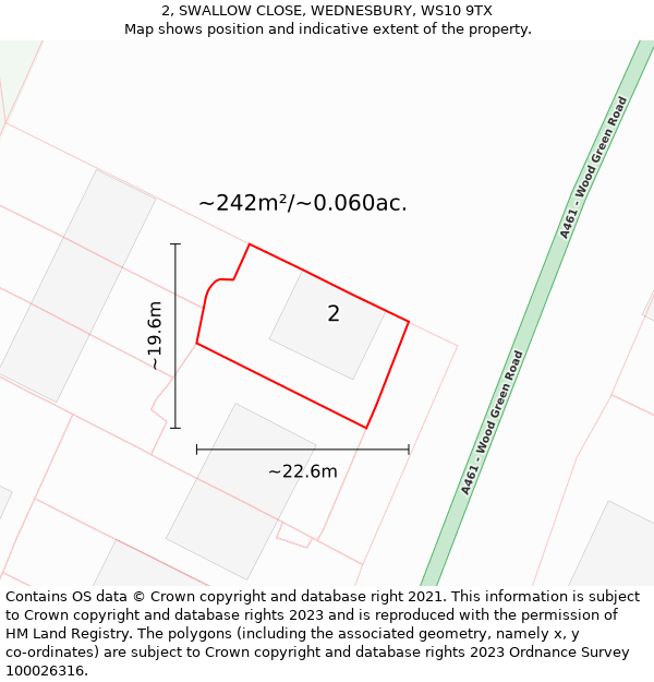 2, SWALLOW CLOSE, WEDNESBURY, WS10 9TX: Plot and title map