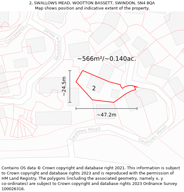 2, SWALLOWS MEAD, WOOTTON BASSETT, SWINDON, SN4 8QA: Plot and title map