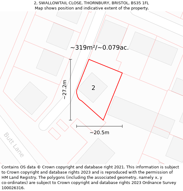 2, SWALLOWTAIL CLOSE, THORNBURY, BRISTOL, BS35 1FL: Plot and title map