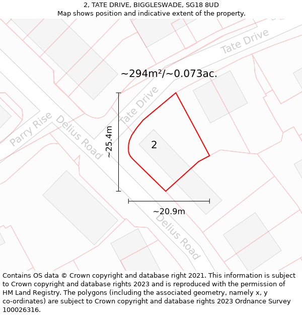 2, TATE DRIVE, BIGGLESWADE, SG18 8UD: Plot and title map