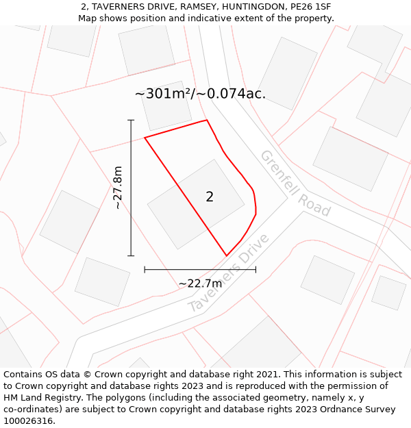 2, TAVERNERS DRIVE, RAMSEY, HUNTINGDON, PE26 1SF: Plot and title map