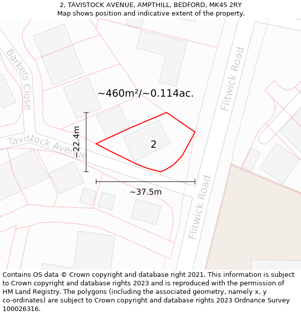 2, TAVISTOCK AVENUE, AMPTHILL, BEDFORD, MK45 2RY: Plot and title map