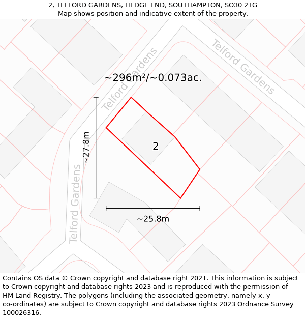 2, TELFORD GARDENS, HEDGE END, SOUTHAMPTON, SO30 2TG: Plot and title map