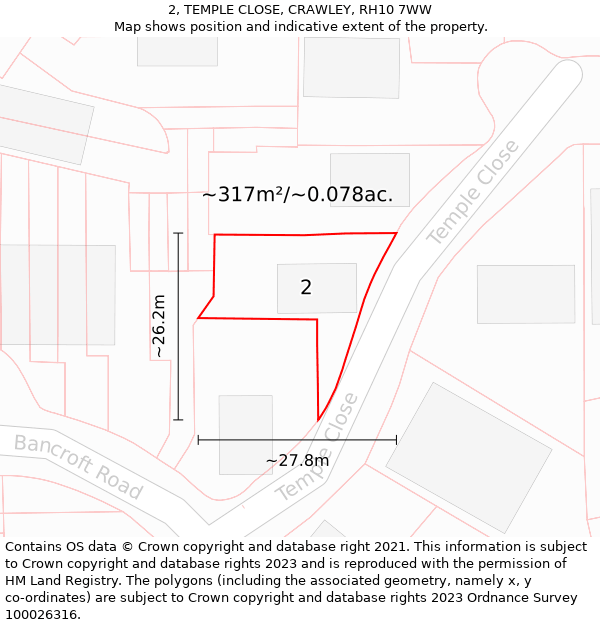 2, TEMPLE CLOSE, CRAWLEY, RH10 7WW: Plot and title map