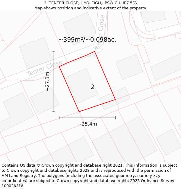 2, TENTER CLOSE, HADLEIGH, IPSWICH, IP7 5FA: Plot and title map