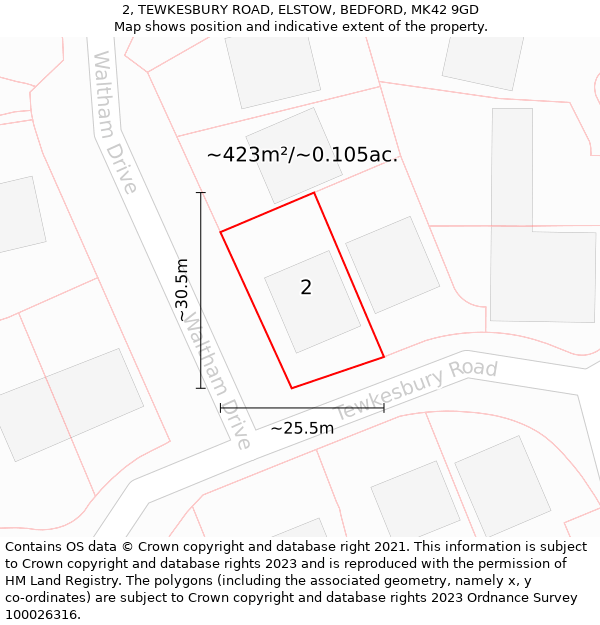 2, TEWKESBURY ROAD, ELSTOW, BEDFORD, MK42 9GD: Plot and title map