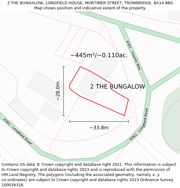 2 THE BUNGALOW, LONGFIELD HOUSE, MORTIMER STREET, TROWBRIDGE, BA14 8BG: Plot and title map