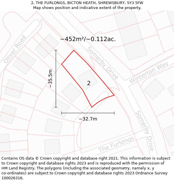 2, THE FURLONGS, BICTON HEATH, SHREWSBURY, SY3 5FW: Plot and title map