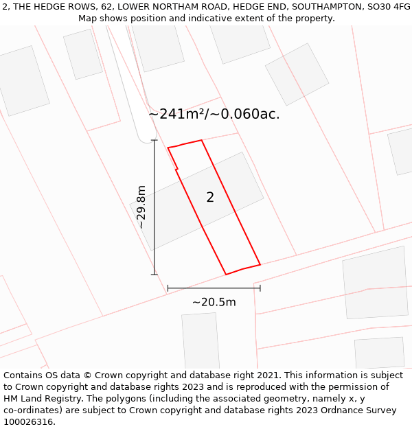 2, THE HEDGE ROWS, 62, LOWER NORTHAM ROAD, HEDGE END, SOUTHAMPTON, SO30 4FG: Plot and title map
