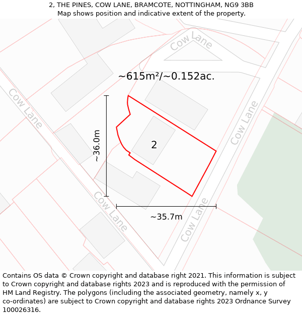 2, THE PINES, COW LANE, BRAMCOTE, NOTTINGHAM, NG9 3BB: Plot and title map