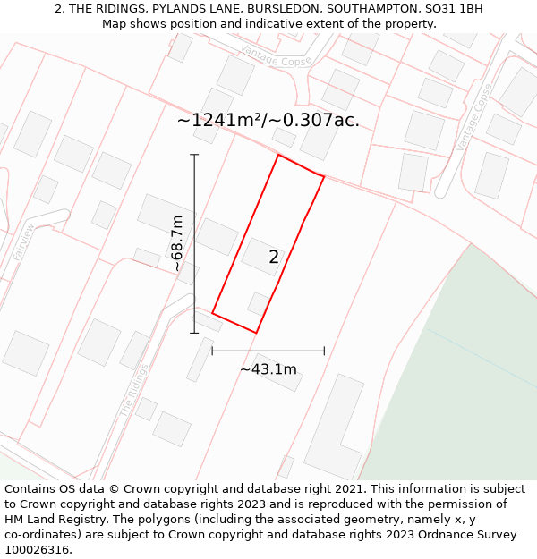 2, THE RIDINGS, PYLANDS LANE, BURSLEDON, SOUTHAMPTON, SO31 1BH: Plot and title map