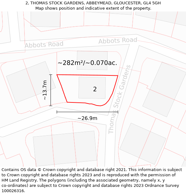 2, THOMAS STOCK GARDENS, ABBEYMEAD, GLOUCESTER, GL4 5GH: Plot and title map