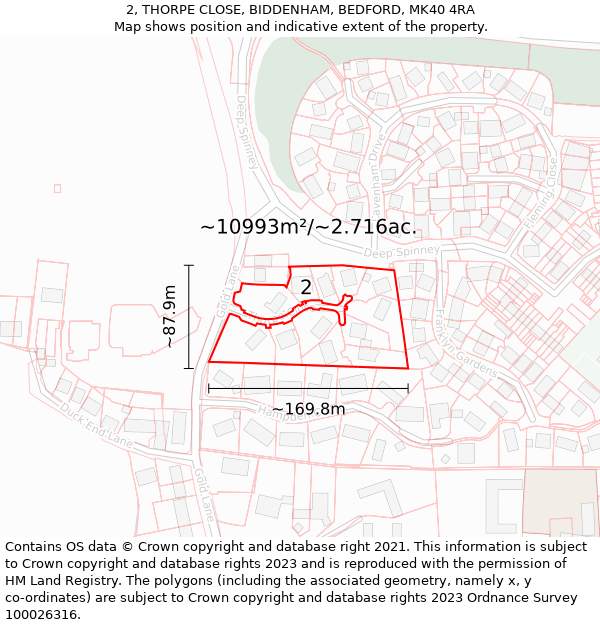 2, THORPE CLOSE, BIDDENHAM, BEDFORD, MK40 4RA: Plot and title map