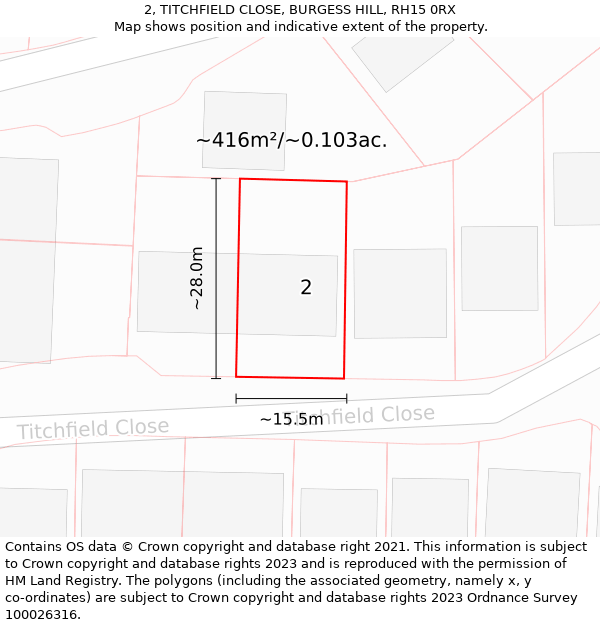 2, TITCHFIELD CLOSE, BURGESS HILL, RH15 0RX: Plot and title map