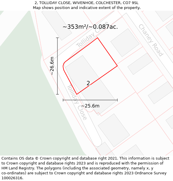 2, TOLLIDAY CLOSE, WIVENHOE, COLCHESTER, CO7 9SL: Plot and title map