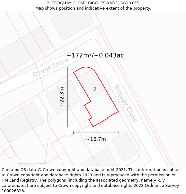 2, TORQUAY CLOSE, BIGGLESWADE, SG18 0FS: Plot and title map