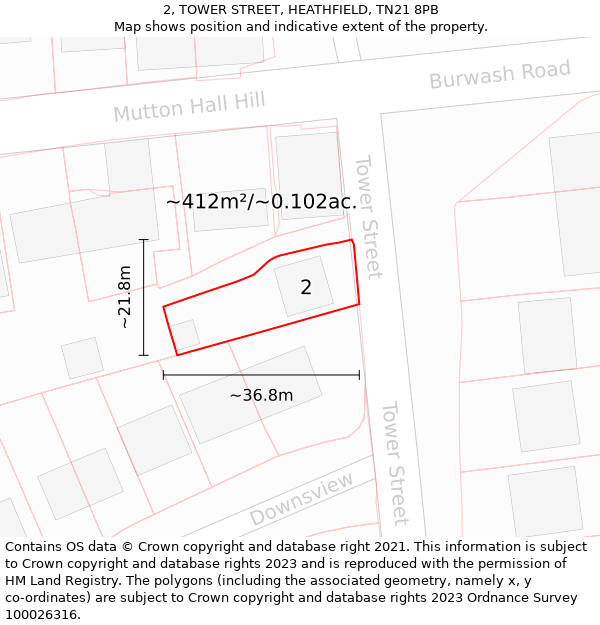 2, TOWER STREET, HEATHFIELD, TN21 8PB: Plot and title map