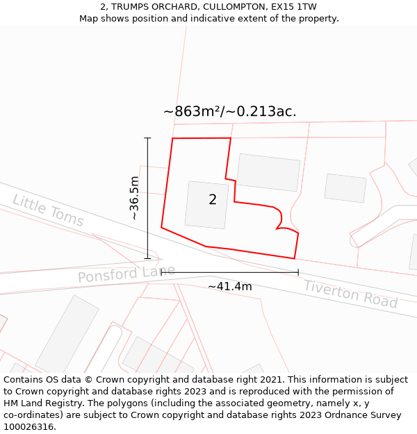 2, TRUMPS ORCHARD, CULLOMPTON, EX15 1TW: Plot and title map