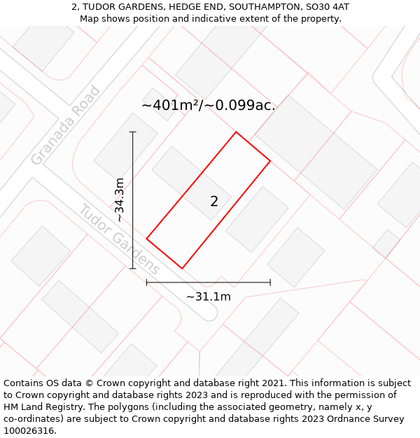 2, TUDOR GARDENS, HEDGE END, SOUTHAMPTON, SO30 4AT: Plot and title map