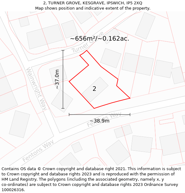 2, TURNER GROVE, KESGRAVE, IPSWICH, IP5 2XQ: Plot and title map