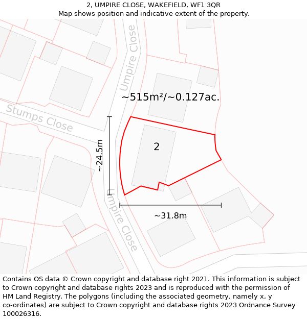 2, UMPIRE CLOSE, WAKEFIELD, WF1 3QR: Plot and title map